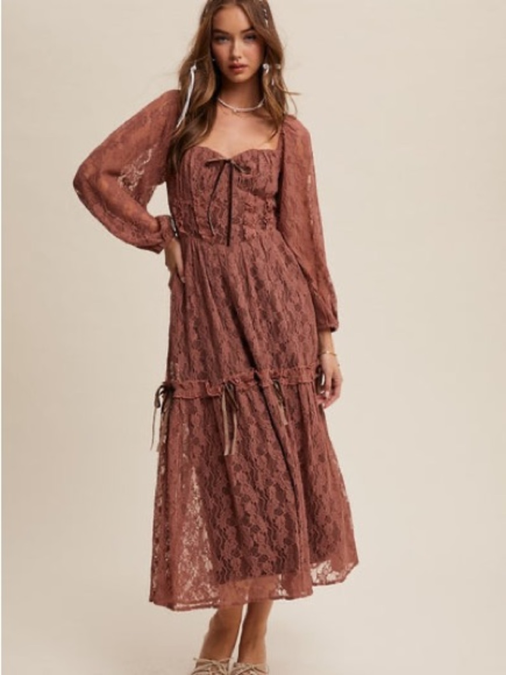 Listicle Corset Lace Lexi Dress - Small Rosewood color
